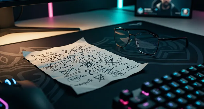 Plan serré sur une feuille de notes manuscrites avec des flèches, des points d'interrogation et des calculs de pourcentages barrés, posée sur un tapis de souris avec le logo de LoL, une paire de lunettes à côté, ambiance de réflexion intense et de révision de stratégie