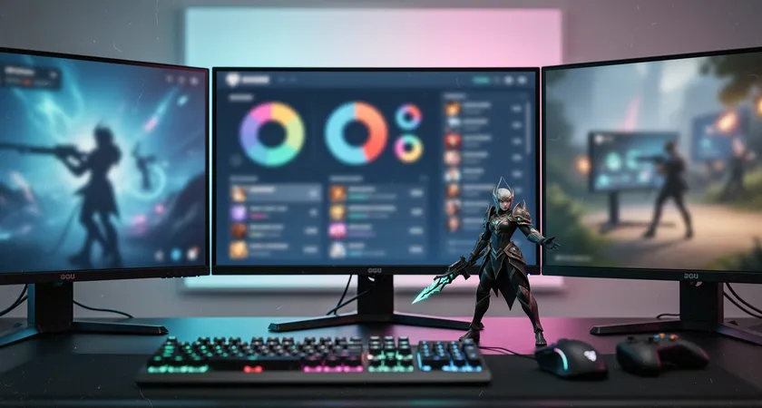 Vue en perspective d'un espace de jeu avec trois écrans courbes, sur le central un dashboard coloré avec des graphiques en donuts et des listes de champions, une figurine esport sur le côté, ambiance lumineuse de setup professionnel organisé