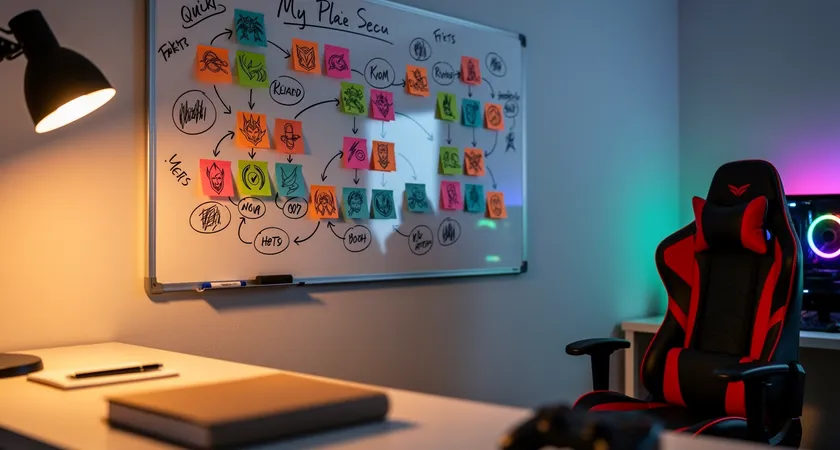 Plan moyen sur un tableau blanc physique dans une chambre, avec des post-it de couleurs représentant des champions, des flèches reliant les notes, une chaise de gaming en arrière-plan, lumière chaude d'une lampe de bureau
