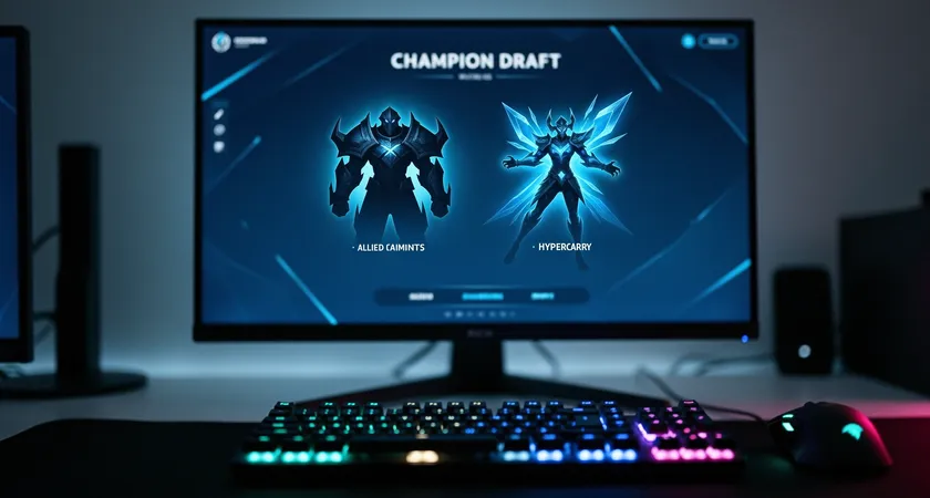 Primer plano de la pantalla de selección de campeones durante un draft, enfoque en los iconos de dos campeones aliados (un tanque y un hipercarry) que brillan suavemente, luz ambiental azulada del cliente, reflejos en un mouse y teclado en primer plano, ambiente de torneo
