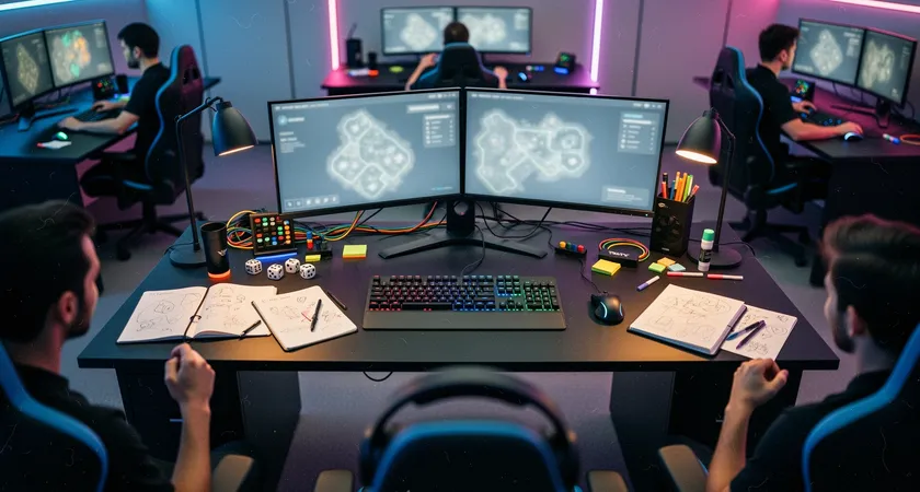 Vista cenital de un equipo de cinco jugadores en una gaming house, discutiendo animadamente alrededor de un monitor que muestra el mapa minimapa, gestos de manos, cuadernos abiertos con diagramas, luz de neón tenue