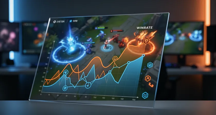 Montaje visual de múltiples capas de datos: gráfico de winrate superpuesto sobre un fondo de partida grabada, líneas de conexión entre campeones aliados, paleta de colores azules y naranjas