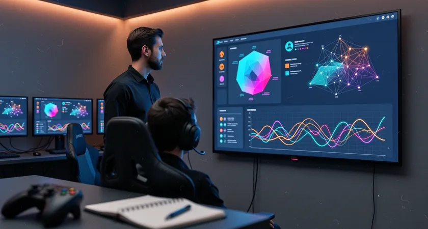 Coach observando a un jugador, señalando una pantalla con un dashboard de analytics complejo que muestra heatmaps, composiciones y líneas de tiempo, luz de pantalla iluminando sus rostros concentrados