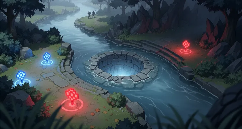 A top-down view of Summoner's Rift's river, focused on the Dragon pit. The friendly side jungle is lit with soft blue ward markers, while the enemy jungle is dark. Two control ward icons glow red in key pixel brush locations, creating a clear safe corridor