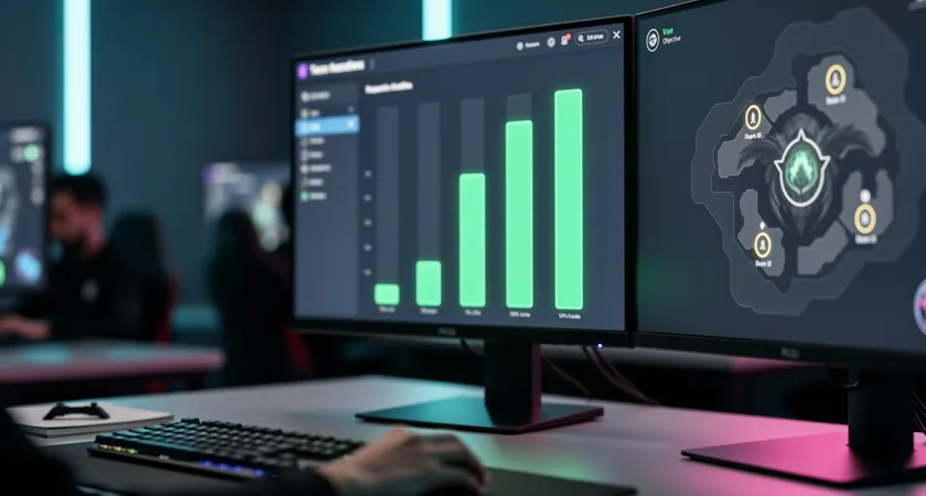 A close-up, slightly blurred shot of a team's Discord call interface during a match. Five green audio indicators are active. On a secondary monitor in soft focus, the in-game mini-map shows three enemy death timers and the Baron Nashor icon highlighted