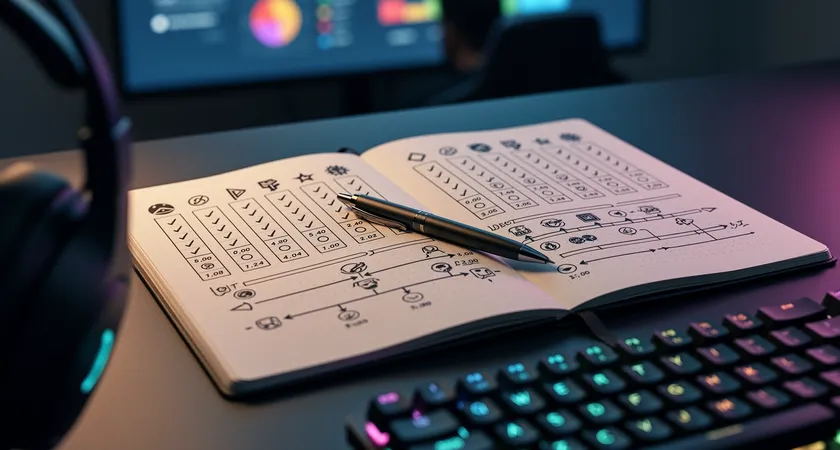 A coach's notebook page filled with hand-drawn timelines and notes. Columns list champion names, with checkmarks and timestamps next to 'Flash' and 'Ultimate'. The pen rests on a note that reads "Fight window: 13:45 - 14:30"