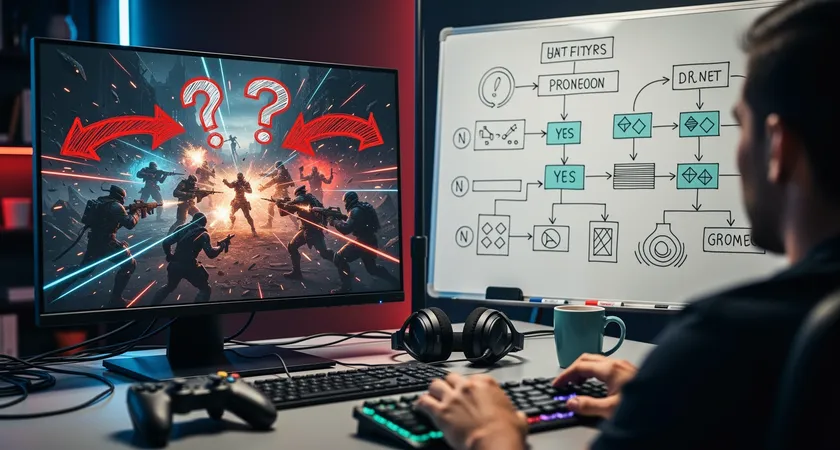 A split-screen concept. Left side shows a chaotic in-game teamfight screenshot with red arrows and question marks drawn over it. The right side shows a clean, organized flowchart on a whiteboard titled "Post-Fight Decision Tree," with clear yes/no pathways