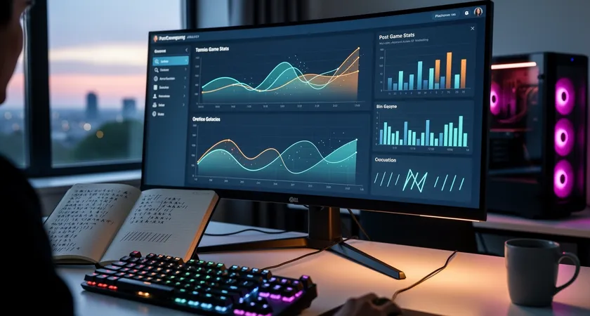 A wide shot of a gaming setup at dawn. The primary monitor displays a post-game stats screen with graphs highlighted. A notebook lies open next to the keyboard, the previous pages filled with notes, the next page blank and ready