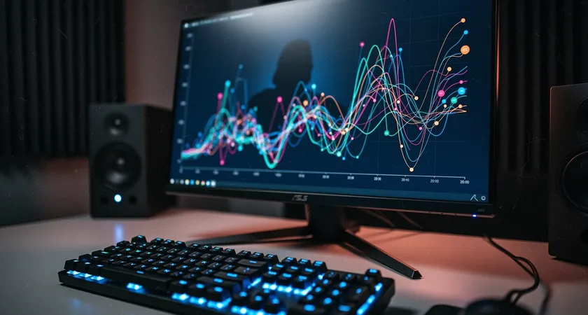 Pantalla de ordenador de gaming en una habitación oscura, iluminada por el brillo de un gráfico de líneas multicolor que muestra estadísticas de jungla a lo largo del tiempo, un teclado mecánico con retroiluminación azul en primer plano, ambiente de estudio concentrado