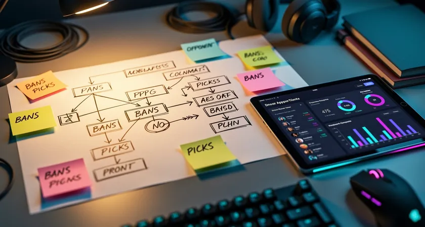 Vista aérea de un esquema de draft dibujado en una pizarra blanca sobre un escritorio desordenado, con post-its de colores que señalan bans y picks, una tablet mostrando estadísticas de oponentes al lado, luz de lámpara cálida