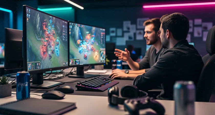 Primer plano de dos personas conversando frente a un monitor, gesticulando sobre un momento de la partida congelada en pantalla, la luz de la pantalla ilumina sus caras concentradas, ambiente de sala de equipo informal