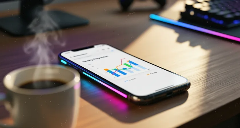 Captura de pantalla en un teléfono móvil mostrando una aplicación de análisis con un gráfico de progresión semanal simple, junto a una taza de café en una mesa de madera, luz natural de mañana