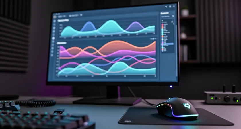 Capture d'écran stylisée d'un tableau de bord analytique sur un grand écran d'ordinateur, dans une pièce sombre. Le graphique principal montre des lignes de temps colorées représentant la pression de map, éclairé par la lumière bleutée de l'écran, avec une souris gaming à côté.