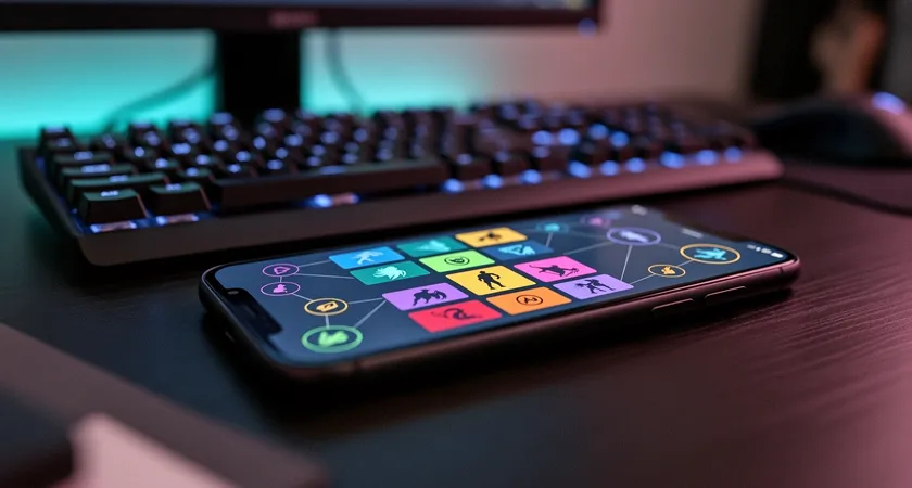 Gros plan sur un écran de smartphone affichant une interface de draft simplifiée. Des suggestions de picks et de bans sont affichées sous forme de cartes colorées, avec des icônes de synergie. La lumière est douce, le clavier mécanique en arrière-plan est flou.