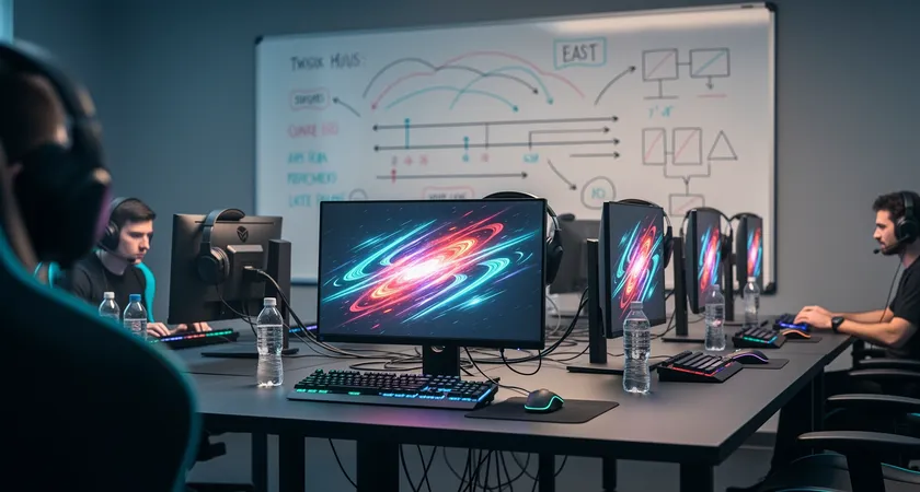 Vue d'ensemble d'une salle de gaming pour une équipe amateur. Cinq setups identiques, un tableau blanc au mur avec des graphiques dessinés à la main (courbes, diagrammes), des bouteilles d'eau sur les bureaux, ambiance sérieuse mais décontractée.