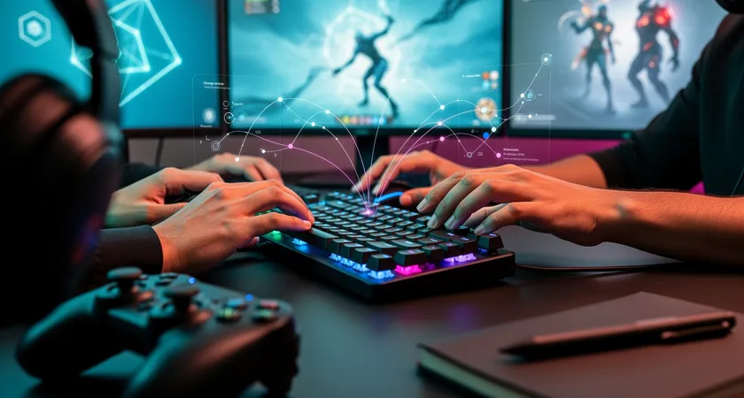 Plan serré sur les mains d'un joueur tapant sur un clavier, avec en surimpression translucide sur l'écran des stats de performance (KDA, dégâts, ward score). L'ambiance est concentrée, la lumière provient principalement de l'écran.
