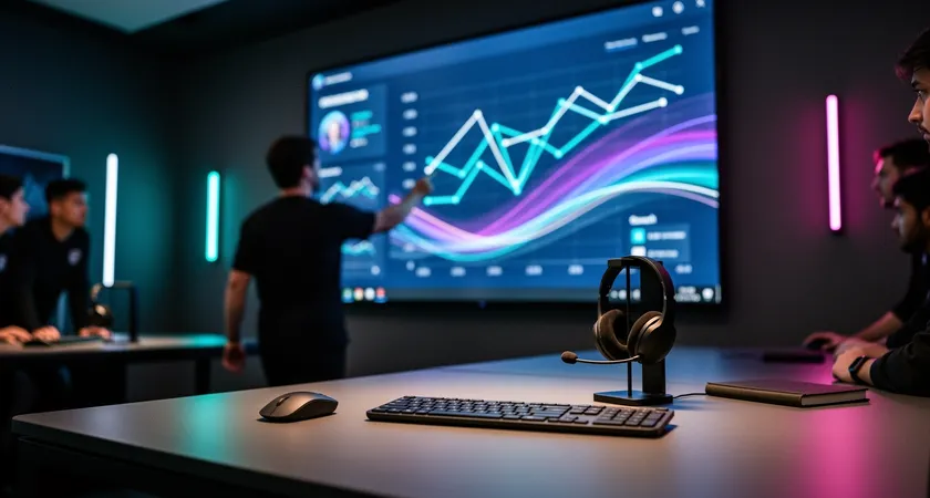 Photo en contre-plongée d'une équipe de cinq joueurs discutant debout autour d'un écran tactile mural affichant des statistiques d'équipe. Les postures sont engagées, un joueur pointe un élément du graphique, ambiance de collaboration concentrée.
