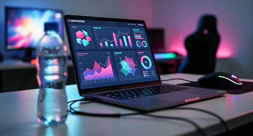 Close-up view of a laptop screen in a dimly lit gaming room, displaying a vibrant League of Legends post-game stat screen. The colorful graphs and numbers are sharp, a half-empty water bottle and a coiled mouse cable sit in the soft glow, creating a focused, analytical mood.