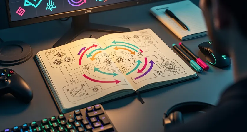A top-down view of a team's notebook open to a hand-drawn map of Summoner's Rift. Color-coded arrows indicate planned rotations around Baron pit, with timestamps and champion icons sketched neatly. The page is bathed in warm desk lamp light, suggesting a post-session planning discussion.