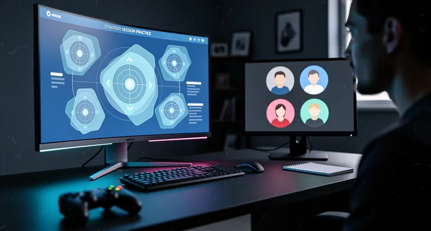 Side view of two monitors in a dual setup. The primary screen shows the League of Legends Practice Tool with dummy targets, the secondary screen displays a Discord call with four other player avatars. Soft blue light from the monitors illuminates a mechanical keyboard, creating a scene of deliberate, cooperative practice.