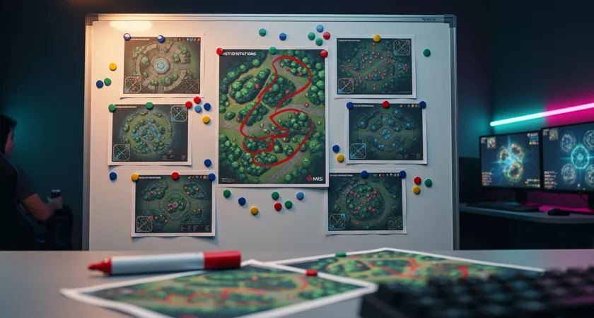 A bird's-eye view of a coach's tactical board, not a screen. Printed maps of Summoner's Rift are pinned with multicolored magnets representing wards and rotations. A red marker circles a common jungle path, highlighting a pattern invisible in a single game's stats. The mood is strategic and diagnostic.