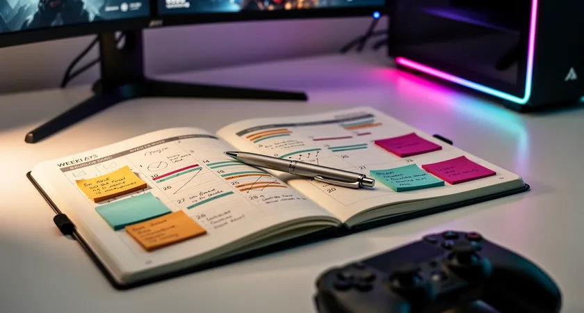 A weekly planner notebook open on a desk, with days marked for "Review," "Drill (Vision)," "Ranked Flex," and "VOD Study." Color-coded sticky notes mark key takeaways, and a simple pen rests atop the page. The natural light suggests a clean, organized approach to improvement.
