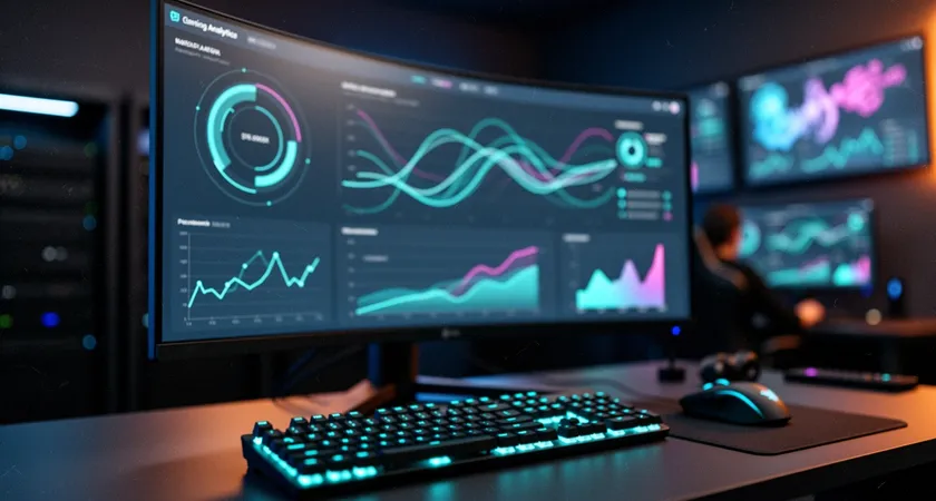 Interface d'un dashboard d'analyse IA sur un grand écran incurvé, affichant des graphiques radar et des chronologies de match sur fond sombre, clavier mécanique rétroéclairé en cyan sur le bureau, ambiance de laboratoire data en lumière bleutée