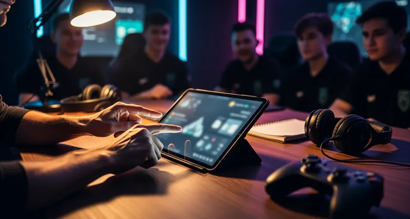 Plan serré sur les mains d'un coach humain pointant des éléments sur une tablette lors d'un debrief, deux joueurs en flou artistique à l'arrière-plan écoutant attentivement, lumière chaude d'un lampadaire sur un bureau en bois, ambiance intimiste et concentrée