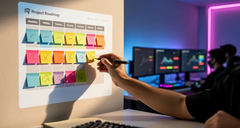 Feuille de route projetée sur un mur, avec des post-it colorés représentant des objectifs par semaine pour une équipe esport, une main tenant un stylo en train d'en ajouter un, ambiance de planification stratégique en lumière naturelle