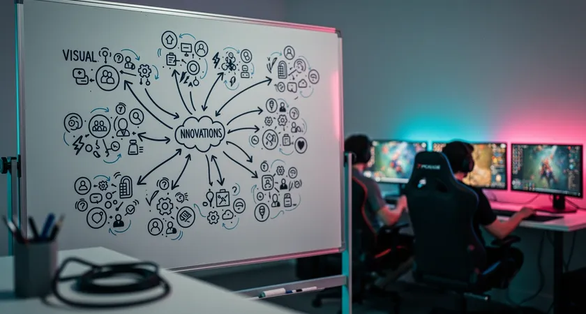 Schéma hybride dessiné sur un tableau blanc : "IA" entourée de flèches vers "Data" et "Analyse", reliée à "Coach Humain" qui pointe vers "Stratégie" et "Cohésion", photo floue d'une équipe gaming en arrière-plan