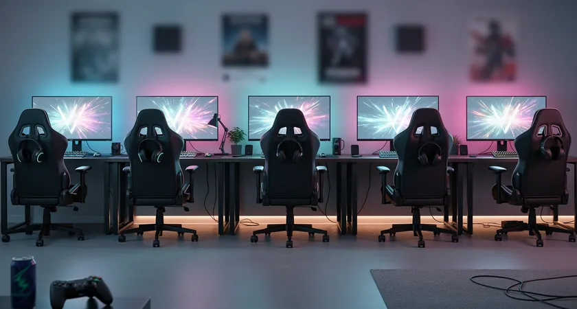 Vue d'ensemble d'une salle de gaming domestique, cinq setups identiques côte à côte, écrans affichant l'écran de victoire, casques suspendus aux chaises, ambiance de succès partagé en lumière tamisée