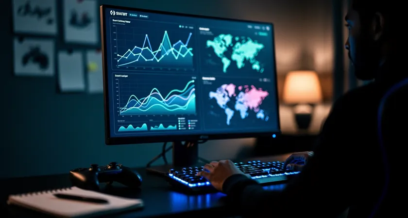 Pantalla de ordenador en una habitación con poca luz, mostrando un dashboard de análisis de LoL con múltiples gráficos de líneas y heatmaps superpuestos, focos de luz LED azul iluminando el teclado y las manos del jugador
