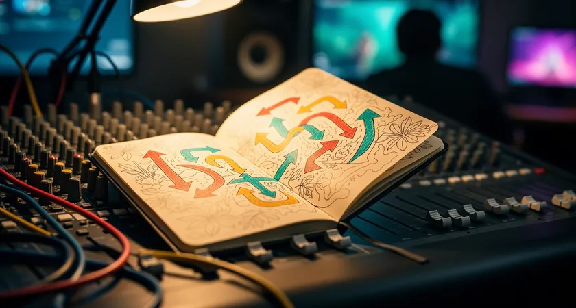 Primer plano de un cuaderno de notas abierto sobre una mesa de mezclas de sonido, con diagramas de rutas de jungla dibujados a mano, flechas de colores y anotaciones escritas en los márgenes, iluminado por la luz cálida de una lámpara de escritorio
