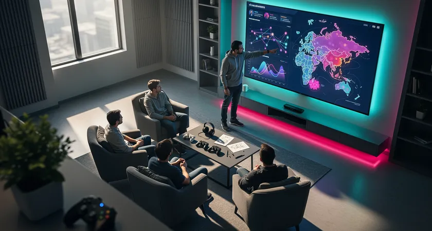 Vista aérea de una sala de reuniones informal, una pantalla grande muestra un dashboard de análisis de LoL mientras un coach señala un gráfico a cuatro jugadores sentados en sillones, luz natural entrando por la ventana