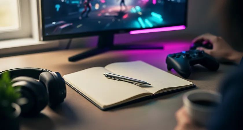 Dos monitores uno al lado del otro, el izquierdo muestra una llamada por video con un coach que gesticula, el derecho muestra el cliente de LoL y un tracker con estadísticas en tiempo real, iluminación de neón suave en la habitación