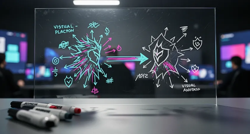 A close-up, slightly low-angle shot of a team's draft planning session on a glass whiteboard. Colorful dry-erase markers diagram two champion icons connected by arrows. One cluster is labeled 'WR 58%' in solid, confident strokes, the other 'High KDA' with a question mark next to it. Natural light from a window highlights the written percentages.