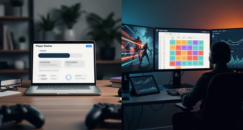 A split-screen visual concept: on the left, a single laptop shows a simplistic op.gg profile with only KDA highlighted. On the right, a multi-monitor setup displays synchronized game replay footage, a spreadsheet with role-specific KPIs, and a timeline of objective takes. The lighting is focused on the detailed, multi-faceted right side.