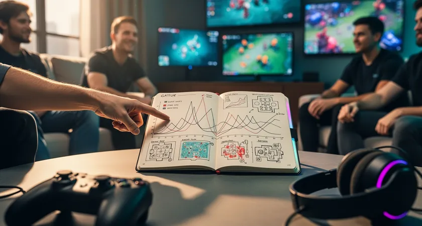 A medium shot of a team debrief in a relaxed setting, couches and a low table. A notebook is open showing hand-drawn graphs of 'Win Condition Achievement' over several games, not KDA. One player points at a graph peak, others lean in. Late afternoon sun creates a warm, collaborative atmosphere.