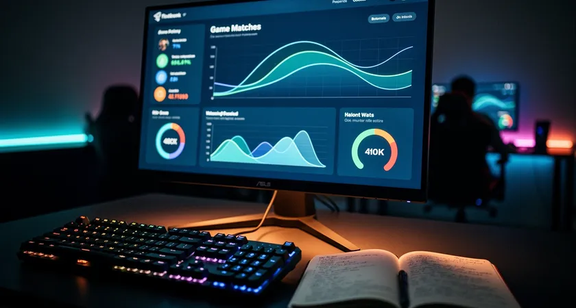 Plan serre sur un ecran d'ordinateur portable affichant un tableau de bord d'analyse de parties, avec des graphiques en courbes et des indicateurs KPI colores. La lumiere de l'ecran eclaire le clavier mecanique et un carnet ouvert avec des notes manuscrites, le tout dans une piece sombre, ambiance concentree de fin de soirée