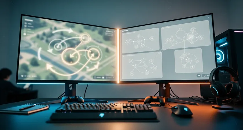 Contre-plongee sur deux ecrans cote a cote dans un setup gaming. L'ecran de gauche montre une vue spectateur d'une partie League of Legends, avec des cercles et des fleches d'annotation dessines a l'ecran. L'ecran de droite affiche un logiciel de tableau blanc numerique avec des schemas de rotation, le tout dans une piece epuree aux lumieres neon douces