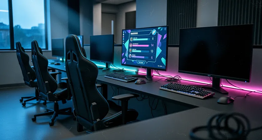 Vue d'ensemble d'un espace commun de gaming setup, avec cinq stations cote a cote. Les chaises sont vides, les ecrans sont eteints sauf un qui montre un leaderboard stylise avec des noms d'equipe et des scores. Lumiere bleutee du soir entrant par une fenetre, ambiance calme et retrospective apres une session
