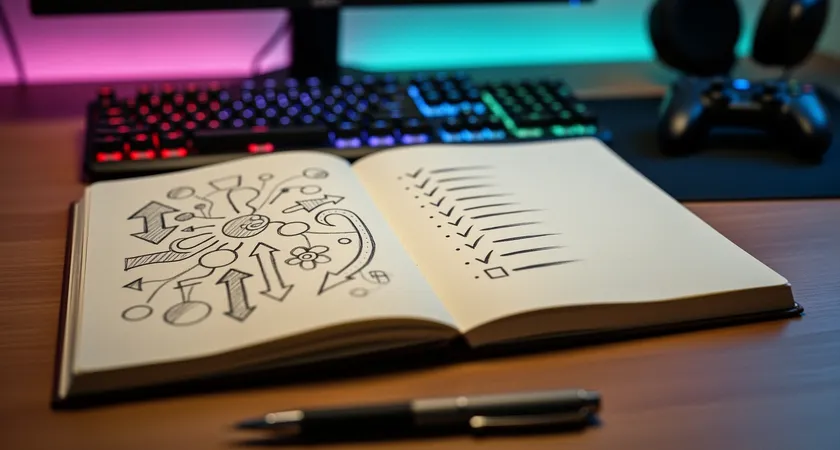 Primer plano de un cuaderno de tapa dura abierto sobre una mesa de madera, la pagina izquierda tiene un diagrama dibujado a mano de un mapa de Summoner's Rift con flechas y circulos, la derecha tiene una lista de puntos de accion con tildes, una taza de cafe a medio tomar en el borde