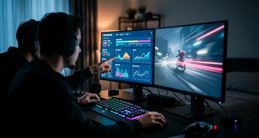 Vista lateral de dos jugadores sentados juntos frente a sus PC en una habitacion, uno senala algo en la pantalla del otro que muestra una repeticion, el monitor principal tiene la interfaz de un tracker con multiples graficos de rendimiento, luz de lampara de escritorio calida