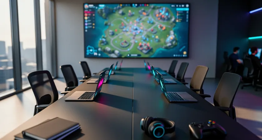 Fotografia aerea de una sala de reuniones con una gran pantalla en la pared mostrando un mapa tactico de League of Legends, sillas vacias alrededor de una mesa larga con portatiles abiertos, luz natural entrando por ventanales grandes
