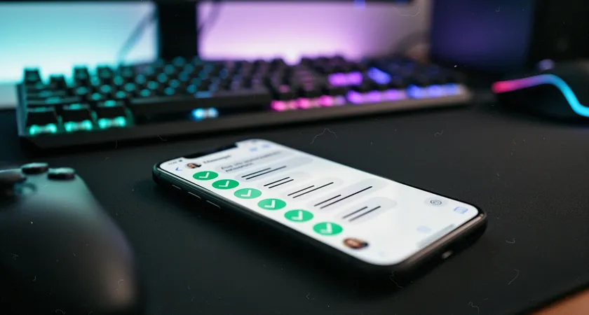 Plan detalle de la pantalla de un movil mostrando una aplicacion de mensajeria con un grupo llamado 'Flex Tryhard', el ultimo mensaje es una lista de puntos de accion con emojis de check verde junto a algunos, fondo desenfocado de un escritorio de gaming