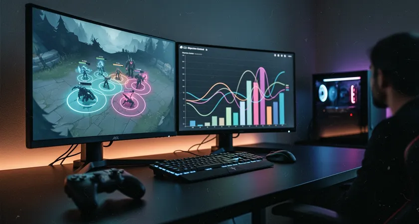 A dual-monitor setup in a dimly lit gaming room, the left screen shows a paused League of Legends teamfight with colorful AI-generated overlay circles highlighting champion positions, the right screen displays a timeline graph of objective control, warm monitor glow on a mechanical keyboard