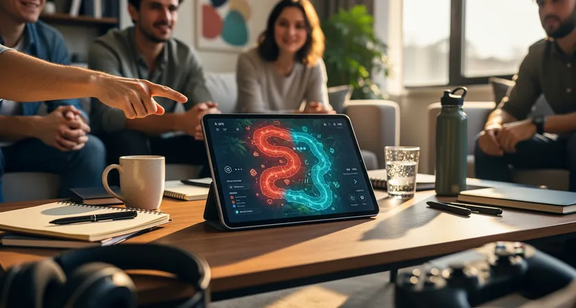 A team of five sitting around a large tablet in a casual living room setting, one player pointing at a heat map of jungle pathing from their last game, others leaning in to discuss, afternoon light streaming through a window onto notebooks and drinks
