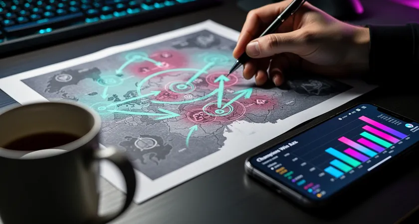 A close-up shot of a hand drawing arrows and notes on a printed-out AI-generated map of a match's critical vision gaps, a half-empty coffee mug and a smartphone showing a champion win-rate chart lie beside the paper