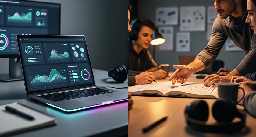 Side-by-side contrast: on the left, a sleek dashboard with graphs and metrics glowing on a laptop screen; on the right, a human coach and a player in focused conversation, the coach gesturing towards a physical notebook, warm lamplight creating a sense of mentorship