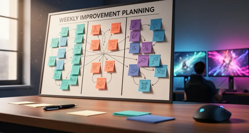 A bird's-eye view of a team's weekly improvement board, with columns for 'AI-Generated Data,' 'Team Discussion Outcomes,' and 'Practice Goals for Next Week,' using different colored sticky notes to connect insights across columns, natural light from a nearby window